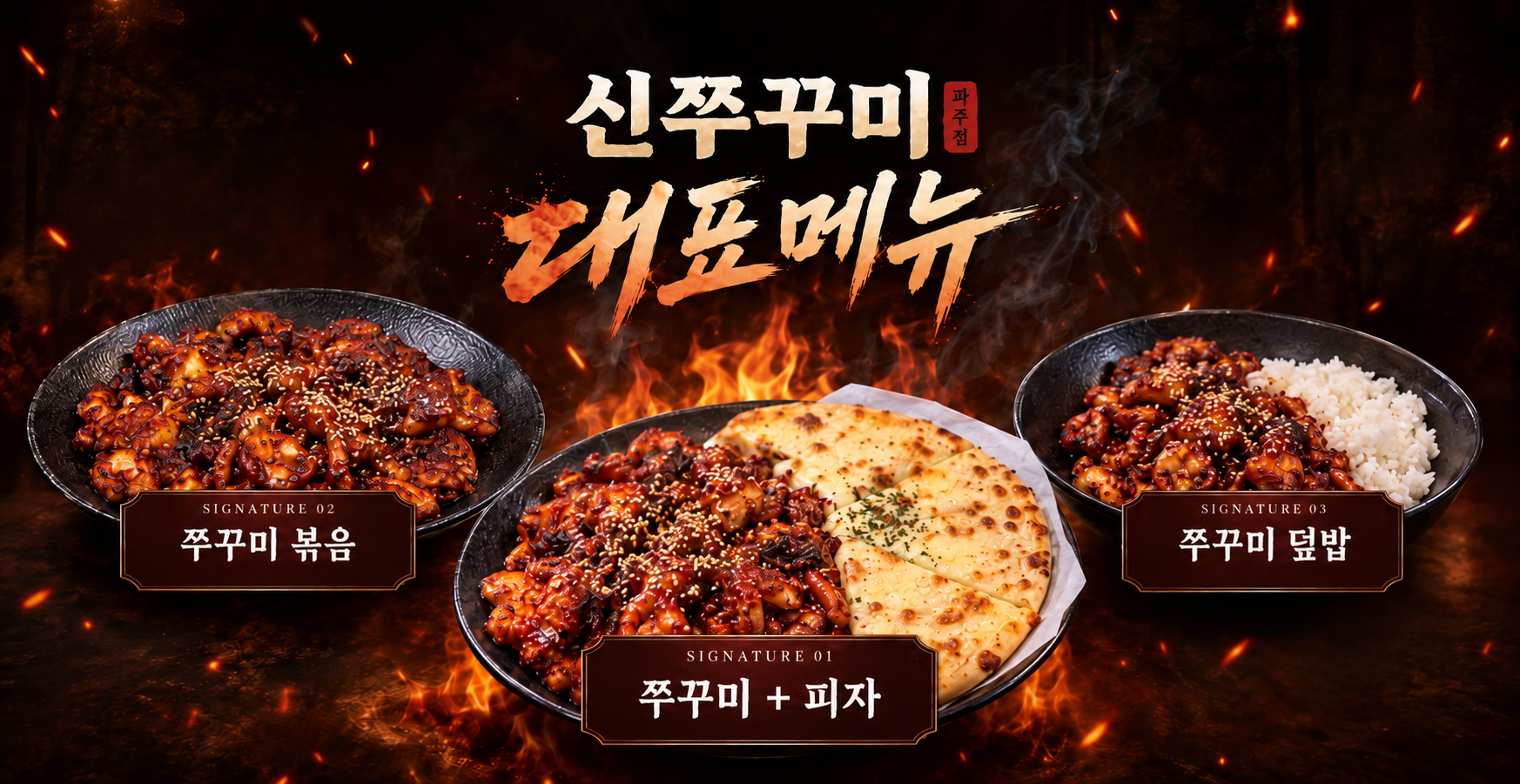 신쭈꾸미 대표메뉴: 쭈꾸미 볶음, 쭈꾸미와 피자, 쭈꾸미 덮밥